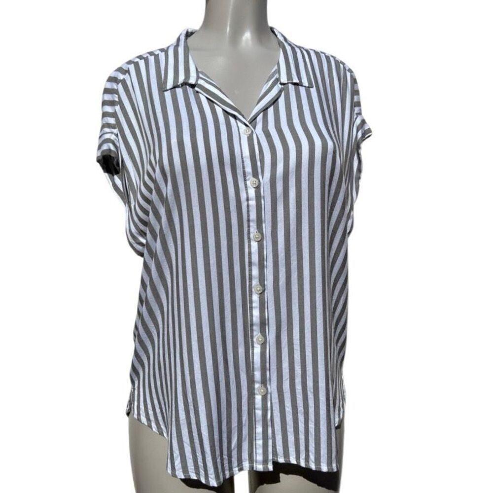 Alexander Jordan Button-up Shirt Women's Large Olive Green Striped 100% Rayon